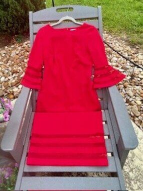 Calvin Klein Red Bell Sleeve Dress with Mesh Detail Size 6